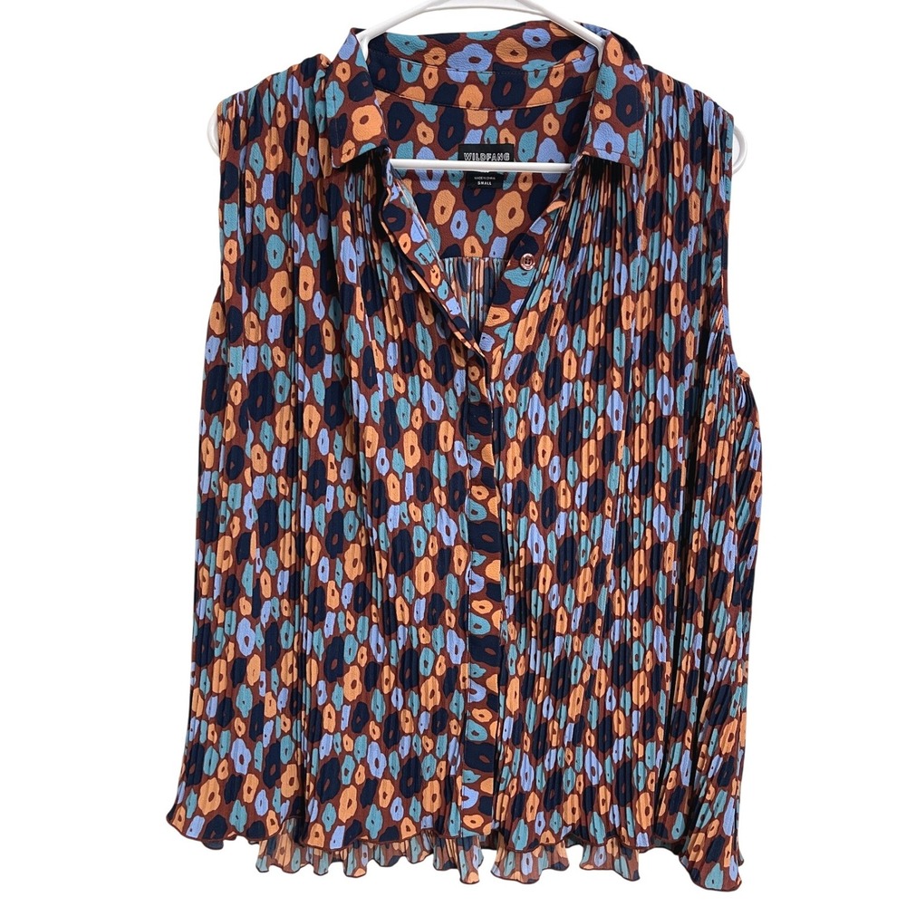 Wildfang Empower Plissé Boxy Button Up Pleated Blouse Oversized Retro Mod Small